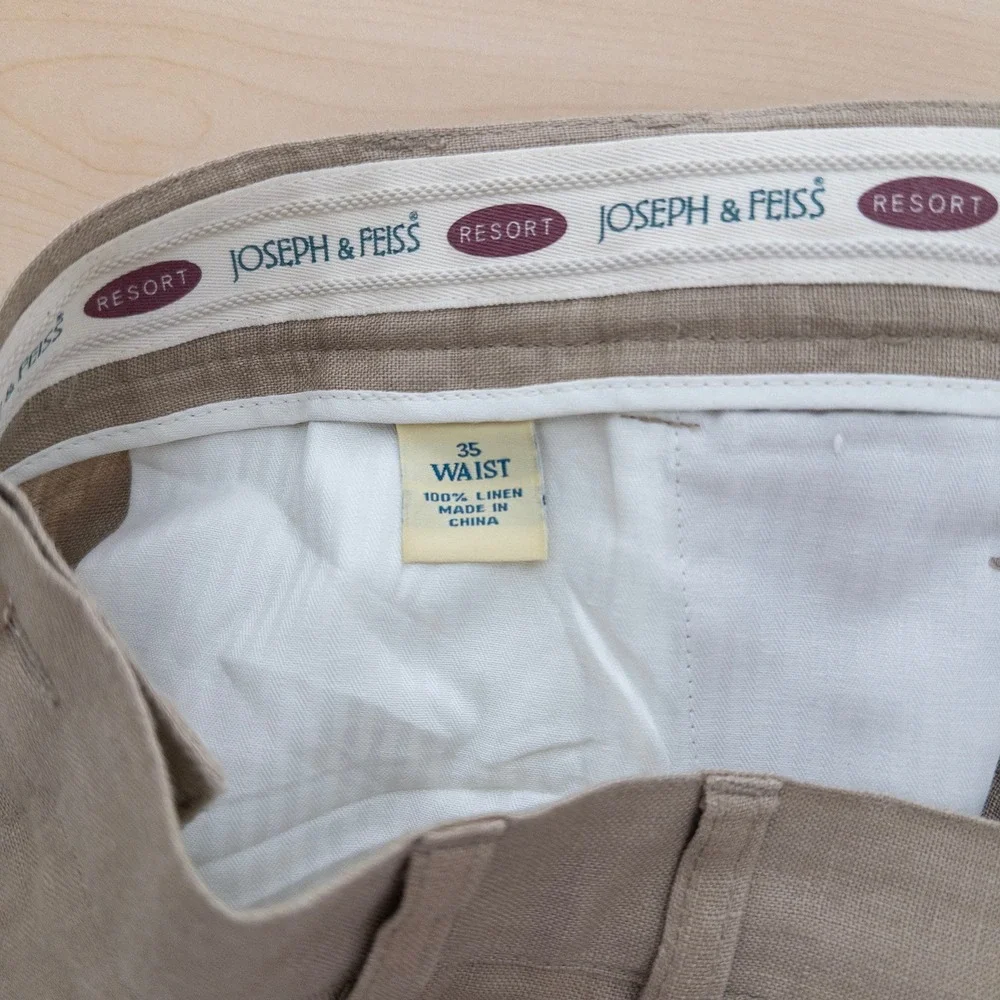 Vintage Joseph & Feiss Mens Linen Pants 35 Tan Pleated Resort Trousers Old Money